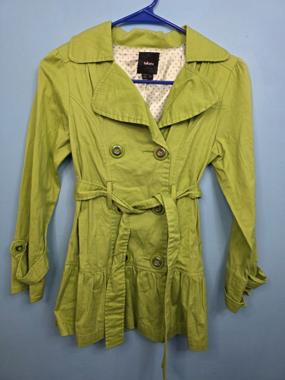 Takara Bright Green Double Breasted Trench Coat Girls Large Belted Ruffle Hem